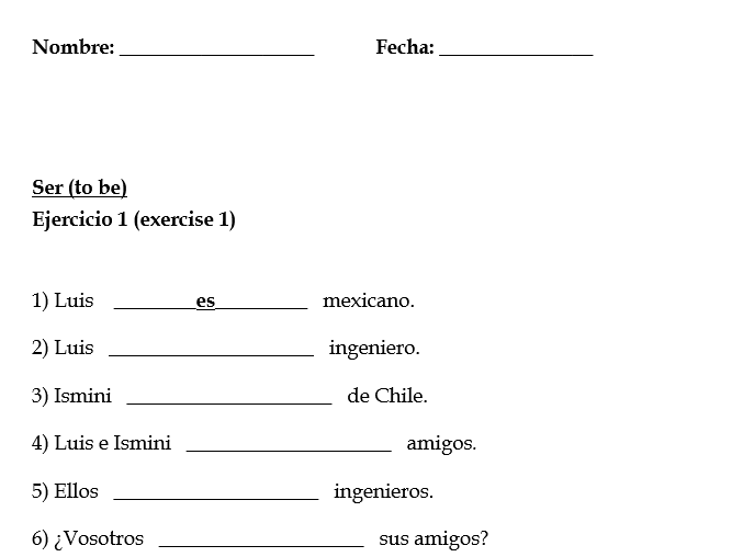 Spanish verb SER | Present Tense Conjugation Exercises Worksheets