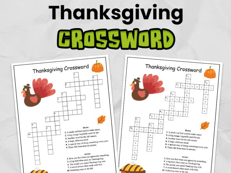 Thanksgiving Crossword, Printable Worksheet Thanksgiving Activity for Elementary