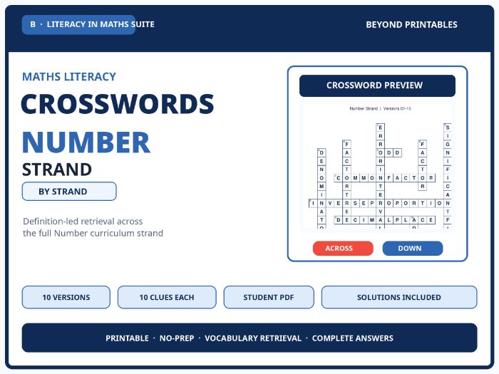 Number Strand Maths Crosswords | 10 Vocabulary Puzzles with Solutions
