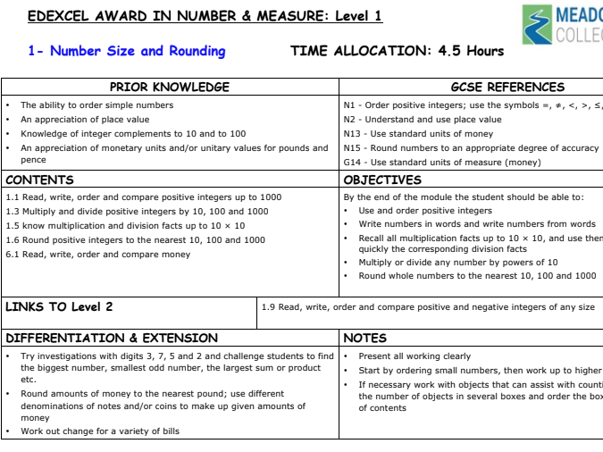 Edexcel Award in Number and Measure Level 1: Scheme of Work and Staff/Student Assessment Trackers