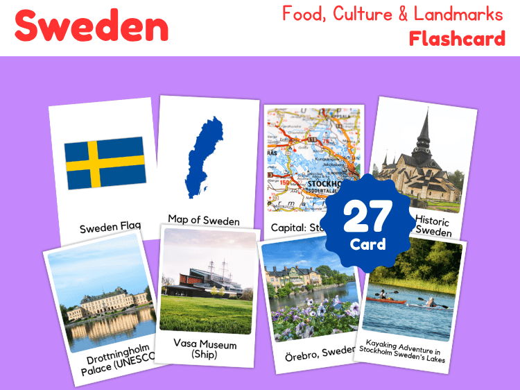 Sweden Geography Flashcards | 27 Printable Country Study Cards