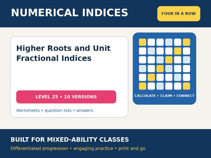 Numerical Indices – Higher Roots and Unit Fractional Indices – Four in a Row – 10 Versions