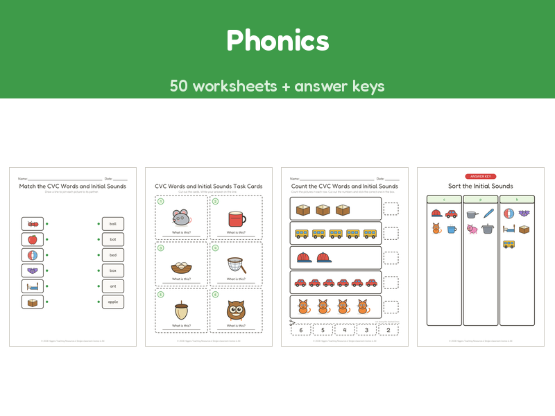 Phonics | 50 No-Prep Worksheets + Answer Keys | Ages 5-7