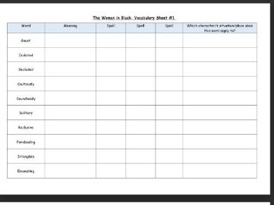 The Woman in Black: Ambitious Vocabulary Spelling Sheets