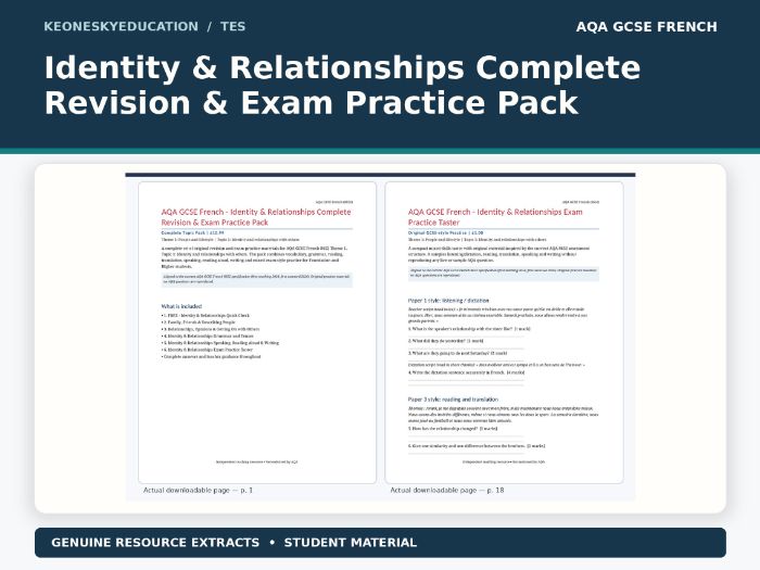 AQA GCSE French 8652 - Identity & Relationships Complete Revision & Exam Practice Pack