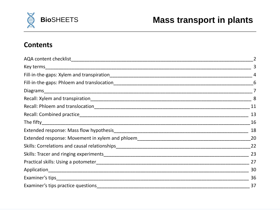 AQA A-Level Biology: 3.4.2 Mass transport in plants – BioSHEETS Complete Study & Practice Pack