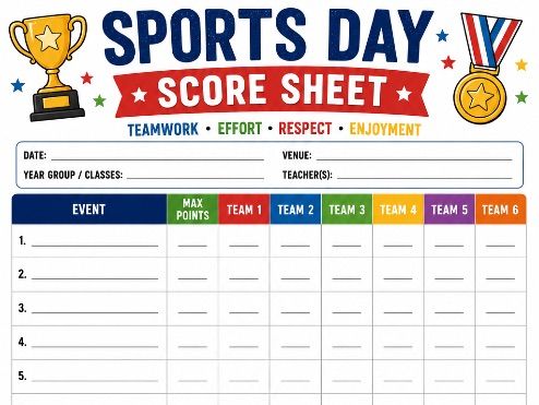 Sports Day Score Sheet | Editable Event Recording Template | PE Teacher Resource | KS1 & KS2