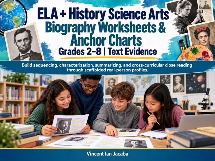 Biography Reading Comprehension Worksheets & Anchor Charts Grades 2–8 | Text Evidence