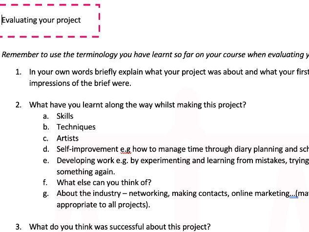 Evaluating your art/photography project helpful guide worksheet
