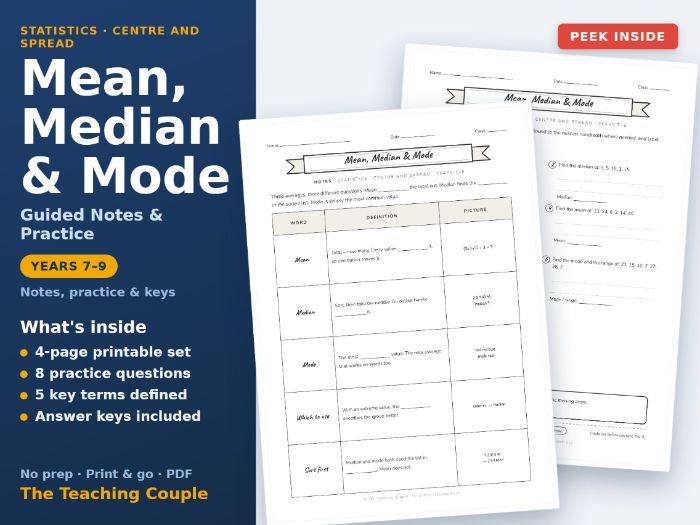 Mean, Median & Mode Guided Notes & Practice + Answer Keys