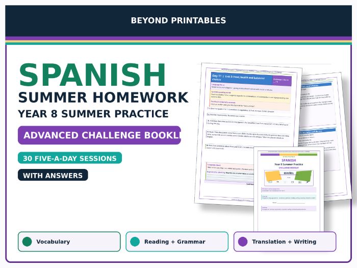 Spanish Summer Homework Booklet: Year 8 Summer Practice Advanced Challenge with Answers