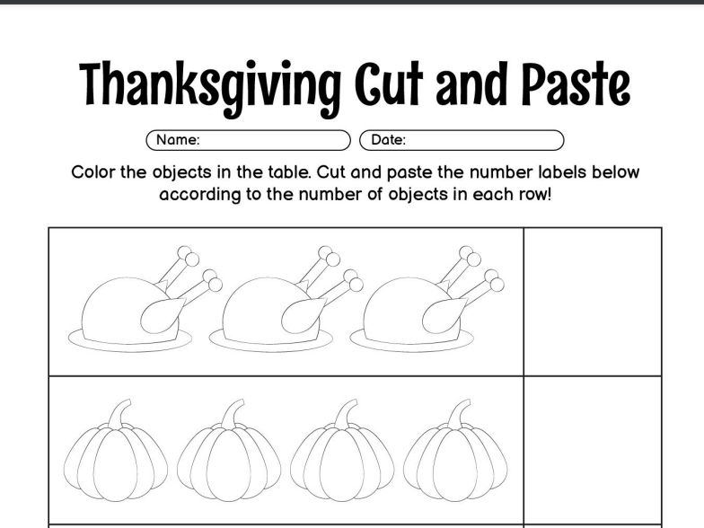 Thanksgiving Cut and Paste Activity for Kids - Fun Math & Craft Worksheet