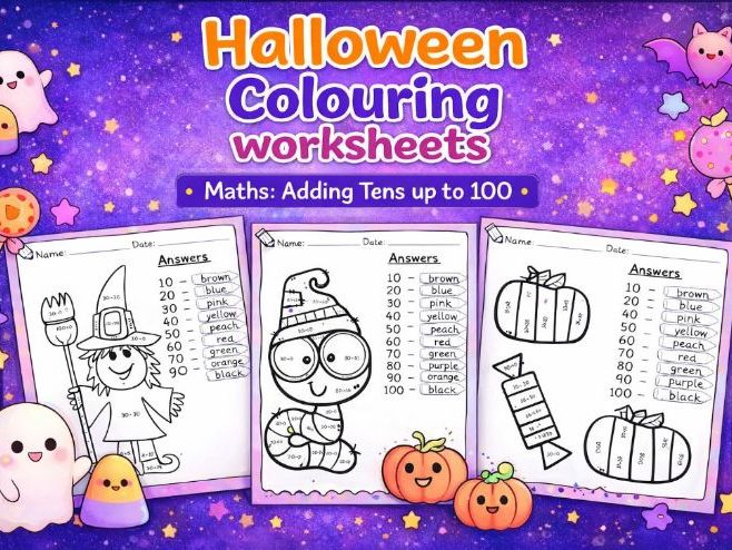 Colouring worksheets Maths adding tens up to 100 Halloween Y1 Y2 Y3