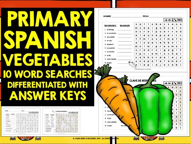 PRIMARY SPANISH VEGETABLES WORD SEARCHES