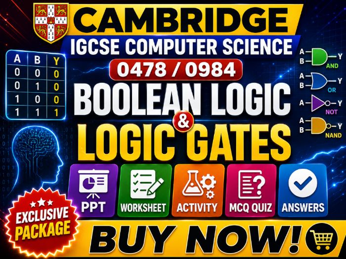 Boolean Logic & Logic Gates| PPT| Worksheet| Activity| MCQ Quiz|Answers|Cambridge IGCSE 0478 / 0984