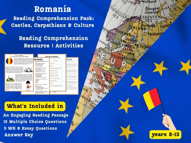 Romania Reading Comprehension Pack: Castles, Carpathians & Culture - Activities Worksheet