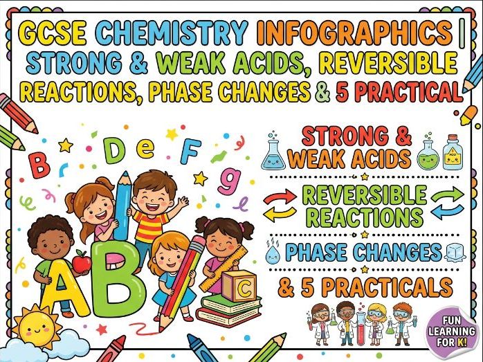 GCSE Chemistry Infographics | Strong & Weak Acids, Reversible Reactions, Phase Changes & 5 Practical