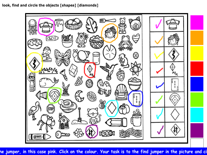 look, find and circle the objects [shapes] [diamonds]