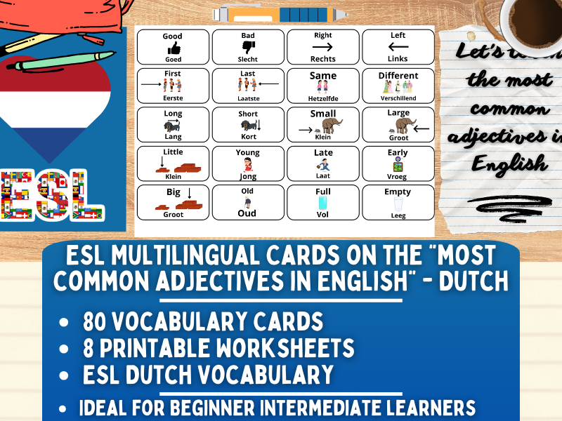 ESL Multilingual Vocabulary Flashcards - Most Common Adjectives - Dutch