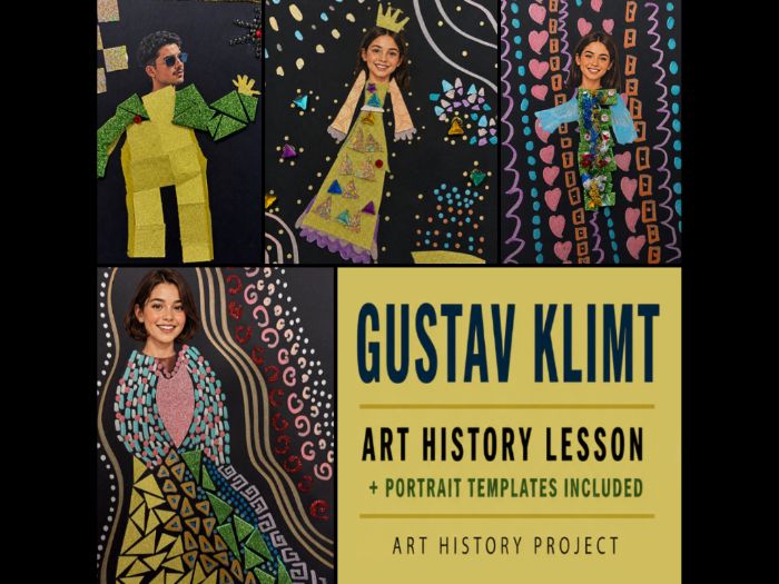 Gustav Klimt Art Lesson for Kids, Art Nouveau, The Kiss & Golden Portrait Project
