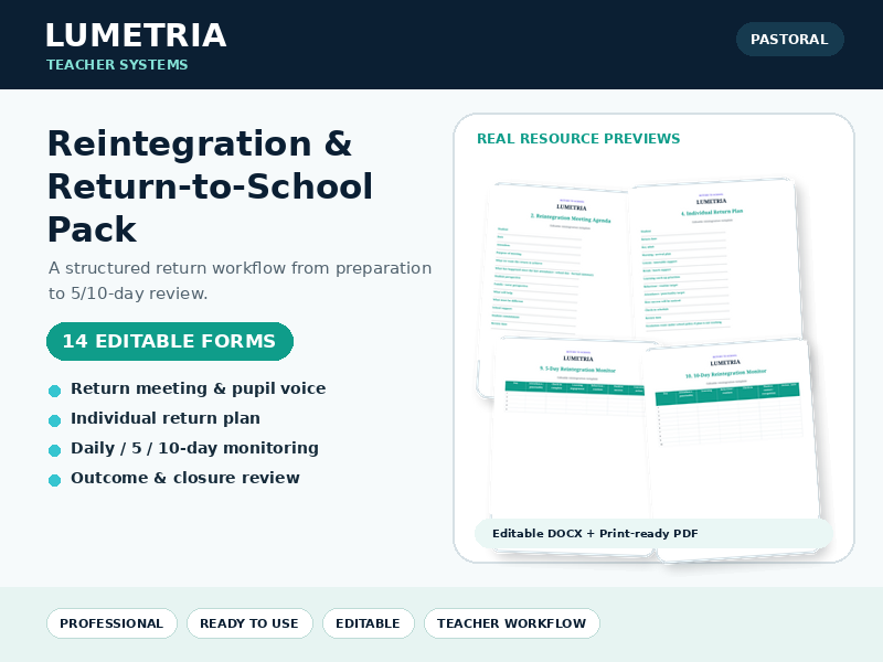 Reintegration & Return to School Pack | 14 Editable Pastoral Forms & Monitoring Tools