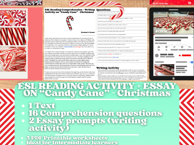 ESL Reading Comprehension + Writing Activity Worksheets - Candy Cane - Christmas