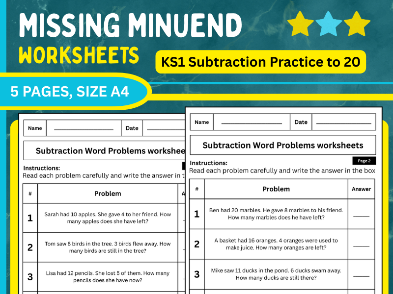 Subtraction Word Problems Worksheets – KS1  Maths to 20