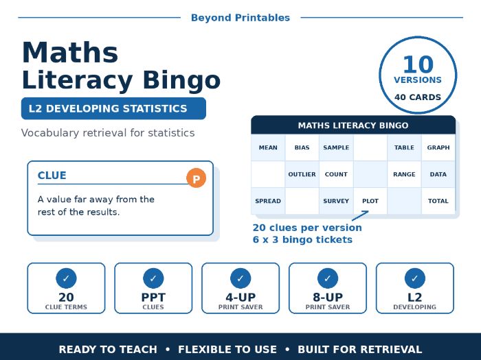 Maths Literacy Bingo: L2 Developing Statistics | 10 Versions | PPT Clues + 40 Cards