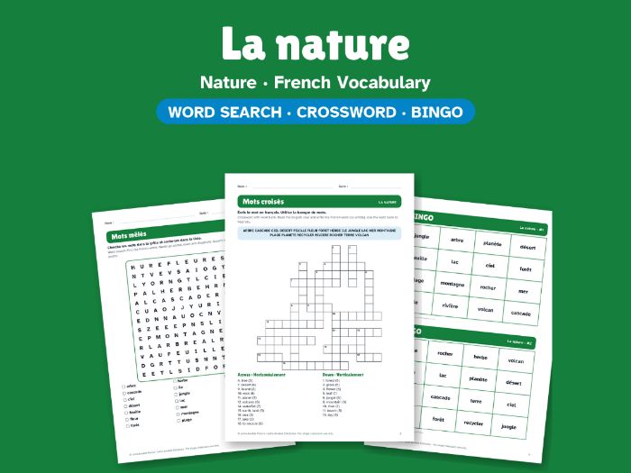Nature in French: Word Search, Crossword & Bingo