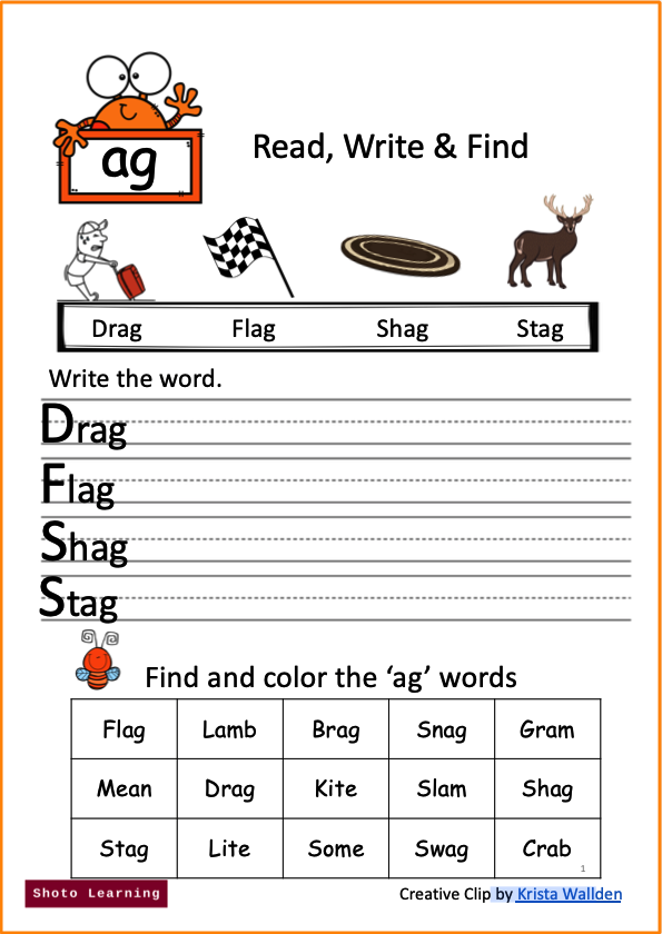 FREE - 'AG' CVC WORD FAMILY BLEND WORKSHEET WORDS FAMILIES READING