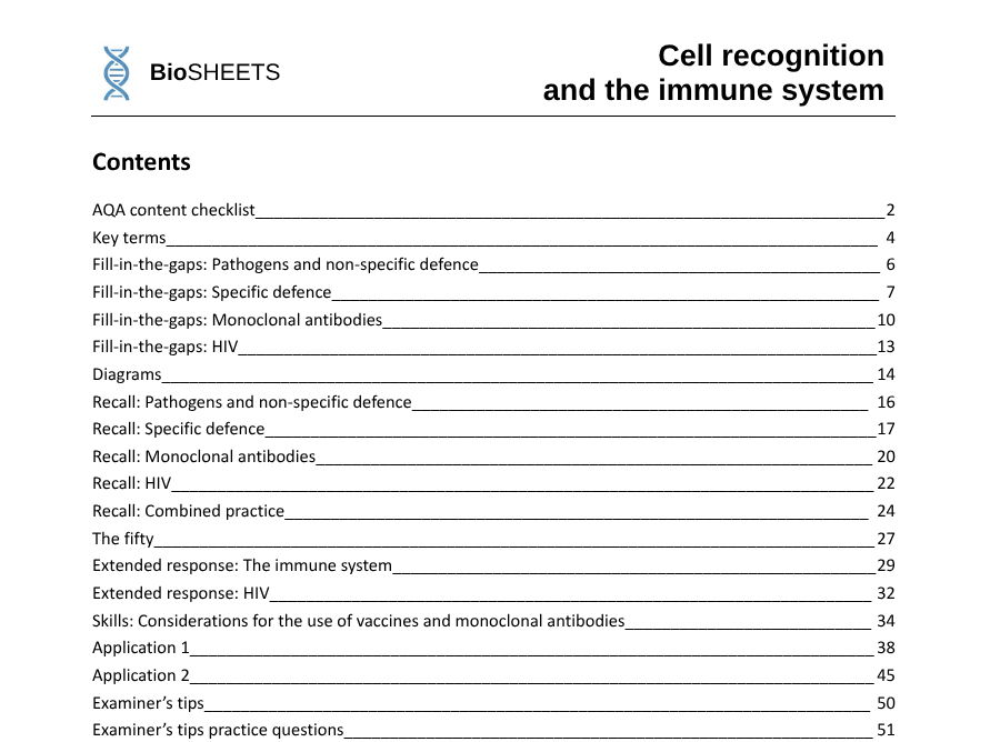 AQA A-Level Biology: 2.6 Immune system – BioSHEETS Complete Study & Practice Pack