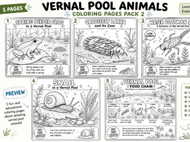 Vernal Pool Animals Coloring Pages Pack 2 | Spring Pond Life Science Worksheets(PreK-Grade 3)