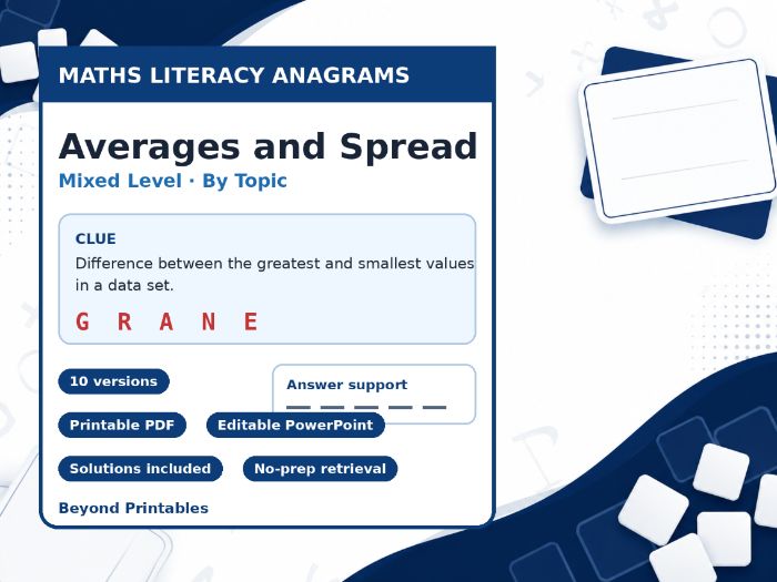 Maths Literacy Anagrams: Averages and Spread | 10 Printable Worksheets + Editable PowerPoint