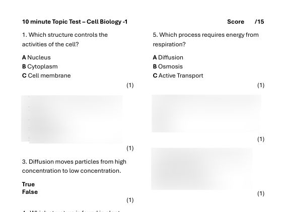 Cell Biology 10 Minute Topic Tests GCSE AQA Combined Science