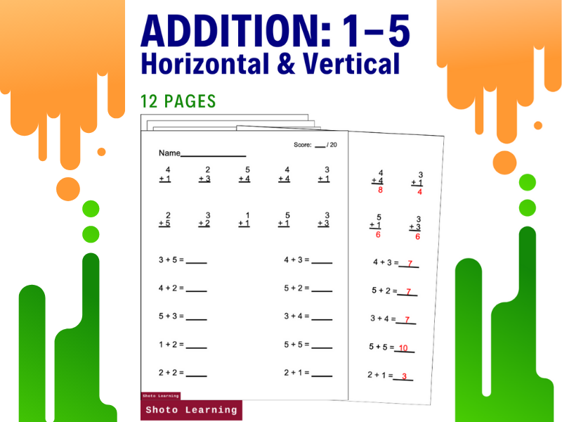 ADDITION 1 5 Worksheets Vertical Horizontal Practice Problems Numbers 