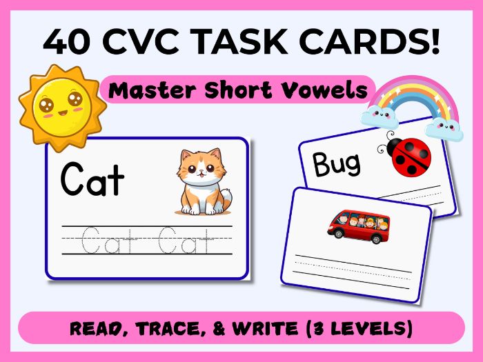 CVC Task Cards: 40 Short Vowel Phonics K-1