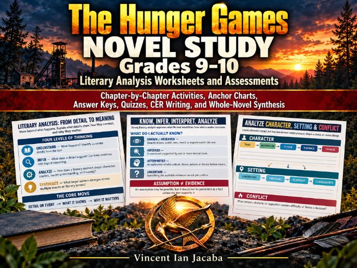 The Hunger Games Novel Study Grades 9–10 | Literary Analysis Worksheets, Quizzes & Assessment