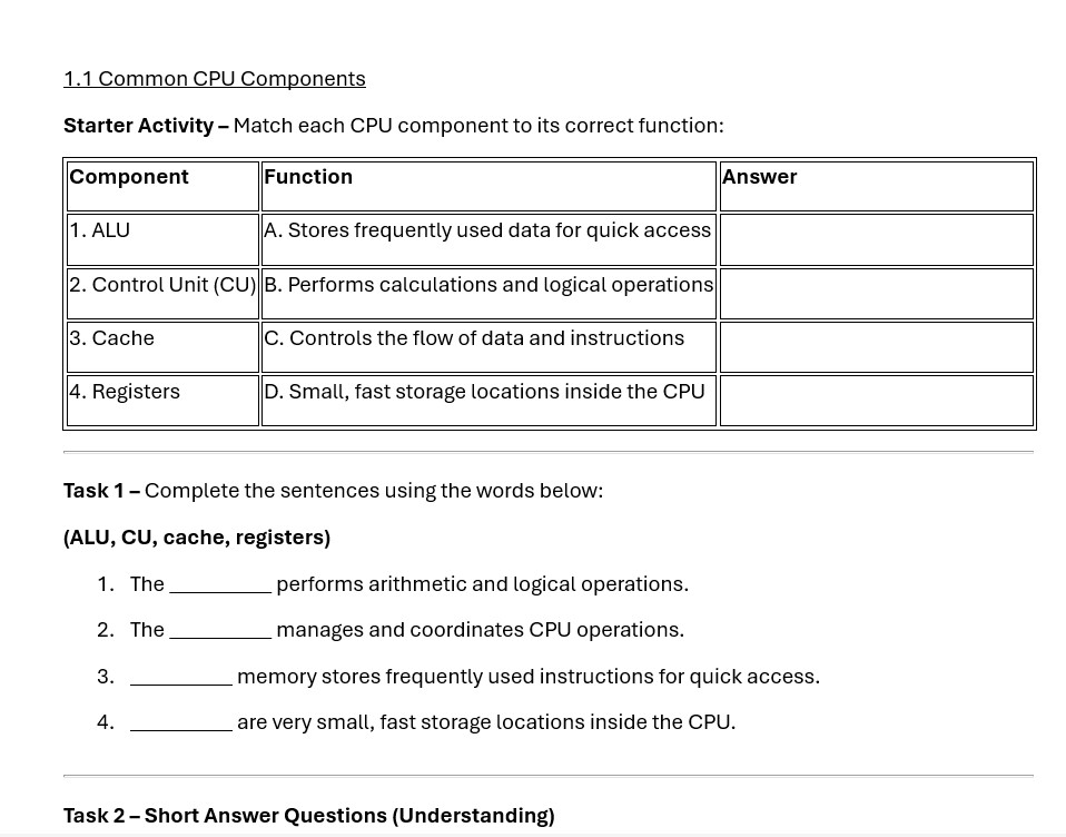 1.1 Systems Architecture OCR J277- Worksheets & Answers! | Teaching ...