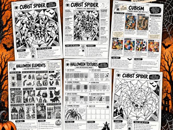 Cubist Spider Halloween Art Project | Pen & Ink Shading | Middle & High School