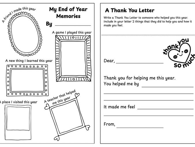 End of Year Activities - My Memories/Thank You Letter