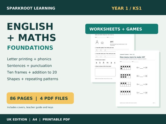 Year 1 English Maths Bundle Phonics Writing Ten Frames Addition to 20