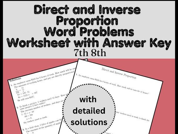 Direct and Inverse Proportion Word Problems Worksheet with Answer Key | 7th 8th