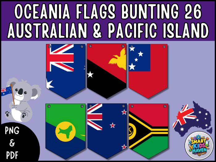 Oceania Flags Bunting Australian & Pacific Island Flags Banner Geography Decor.
