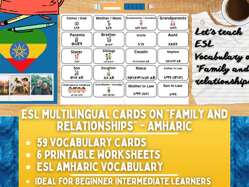 ESL Multilingual Vocabulary Flashcards - Family & Relationships - Amharic