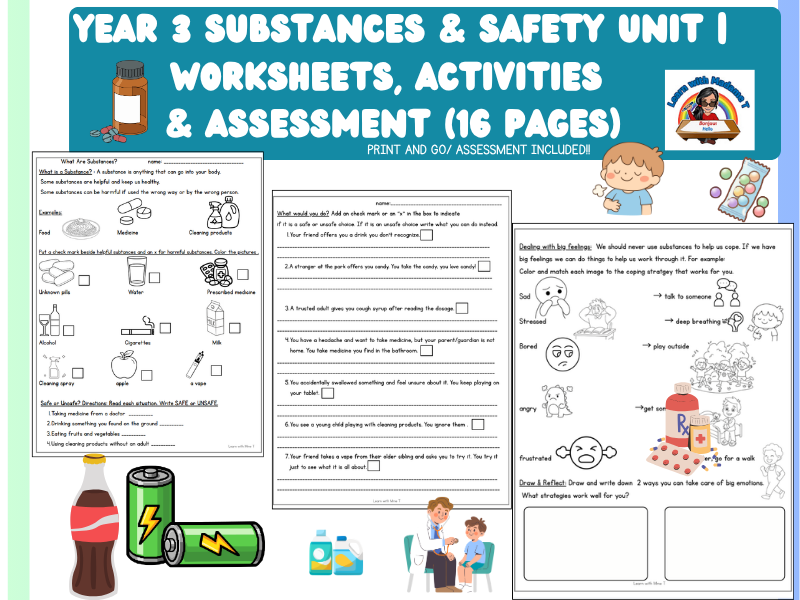 Year 3 Substances & Safety Unit | Worksheets, Activities & Assessment/16 PAGES