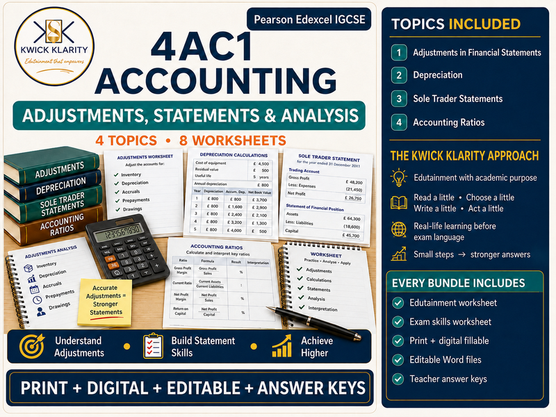 4AC1 Accounting - Adjustments, Statements & Analysis - Printable, Digital & Editable