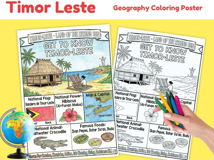 Timor-Leste Geography Coloring Poster | Country Facts Activity
