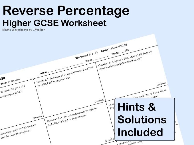 GCSE Maths Worksheet: Reverse Percentages - Higher Tier
