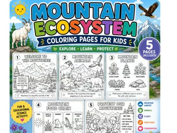 Mountain Ecosystem Coloring Pages for Kids|5-Page Habitat Science Worksheet Pack