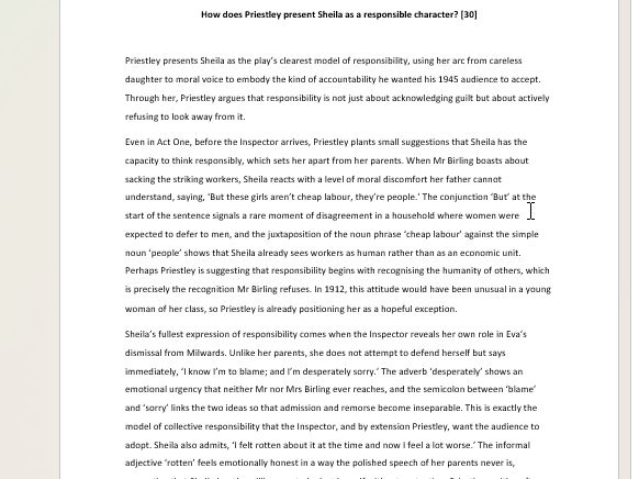 Grade 9 Model Essay Sheila as responsible - Inspector Calls AQA GCSE English